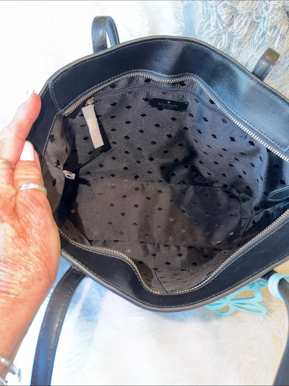 kate spade Black Leather Tote with Light Blue Butterfly Charm
